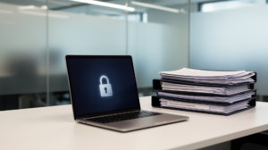 Modern Singapore law and accounting firm office desk with a secure laptop screen