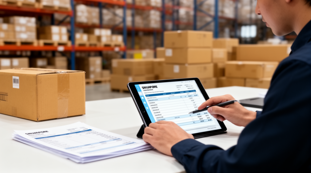 Warehouse operations desk in Singapore with a person reviewing delivery invoices on a tablet